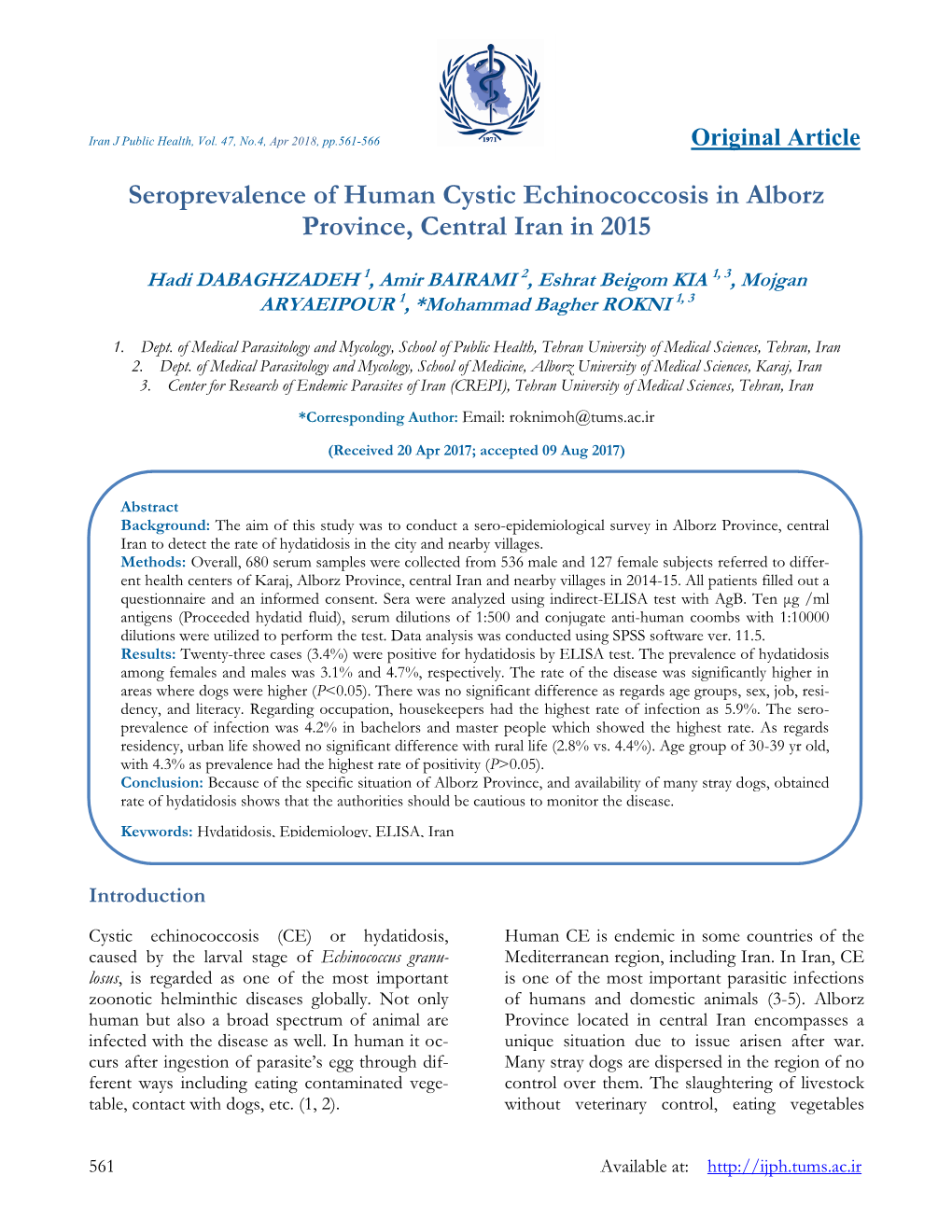 Seroprevalence of Human Cystic Echinococcosis in Alborz Province, Central Iran in 2015