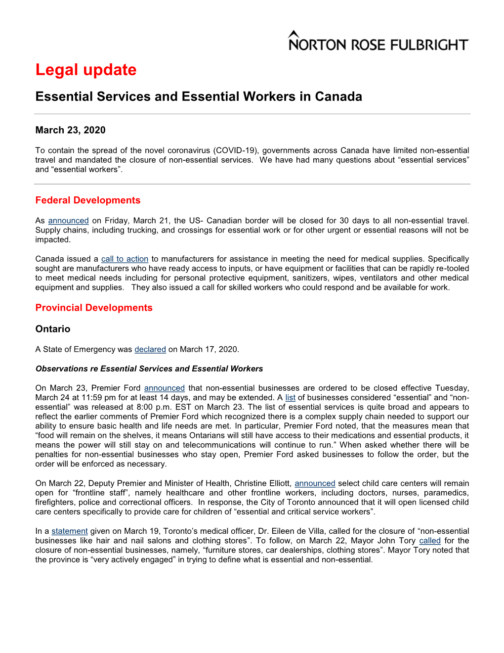 Legal Update Essential Services and Essential Workers in Canada