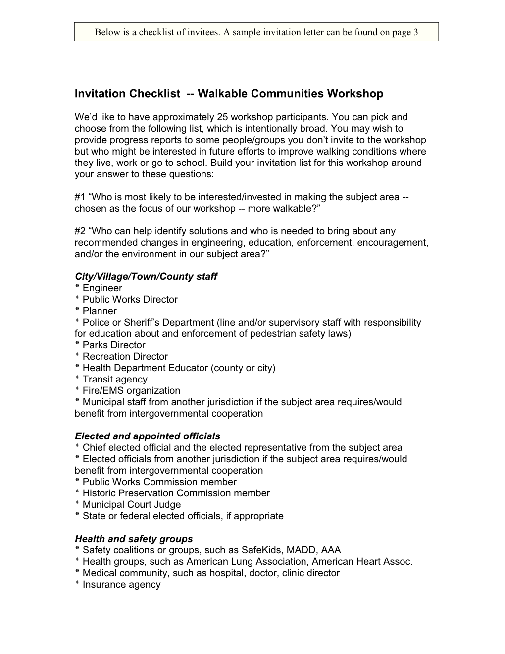 Invitation Checklist Walkable Communities Workshop (Pilot Project Working Draft, 2/28/02)