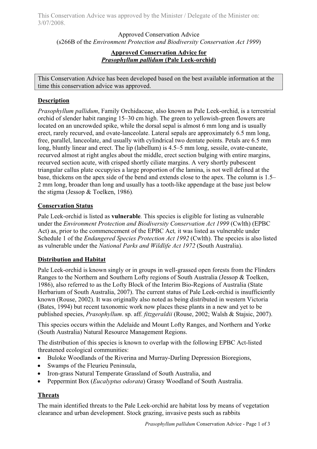 Approved Conservation Advice for Prasophyllum Pallidum (Pale Leek-Orchid)