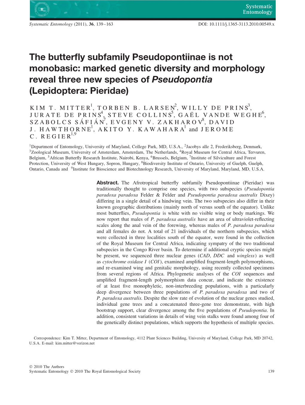 The Butterfly Subfamily Pseudopontiinae Is Not Monobasic