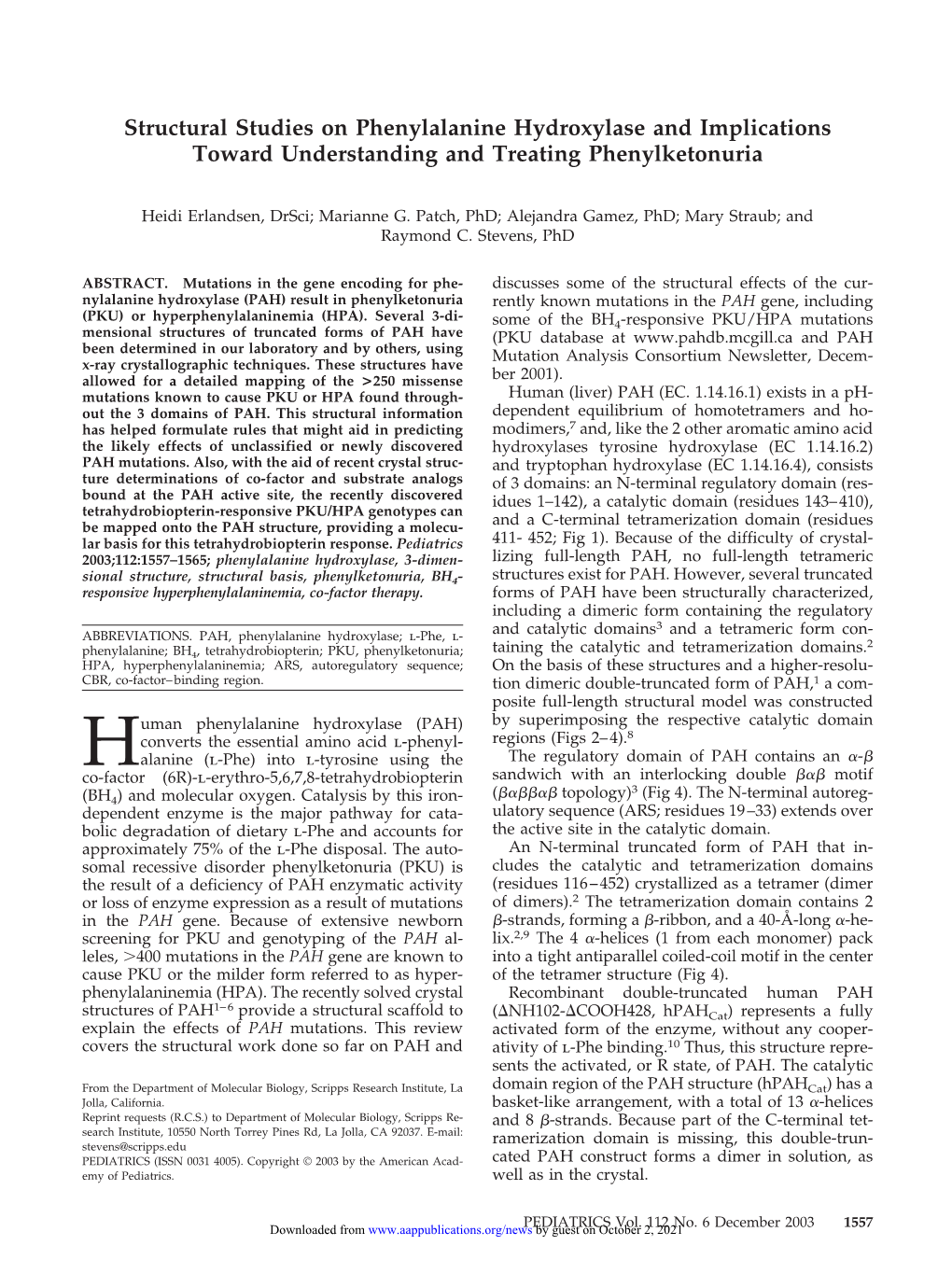 Structural Studies on Phenylalanine Hydroxylase and Implications Toward Understanding and Treating Phenylketonuria