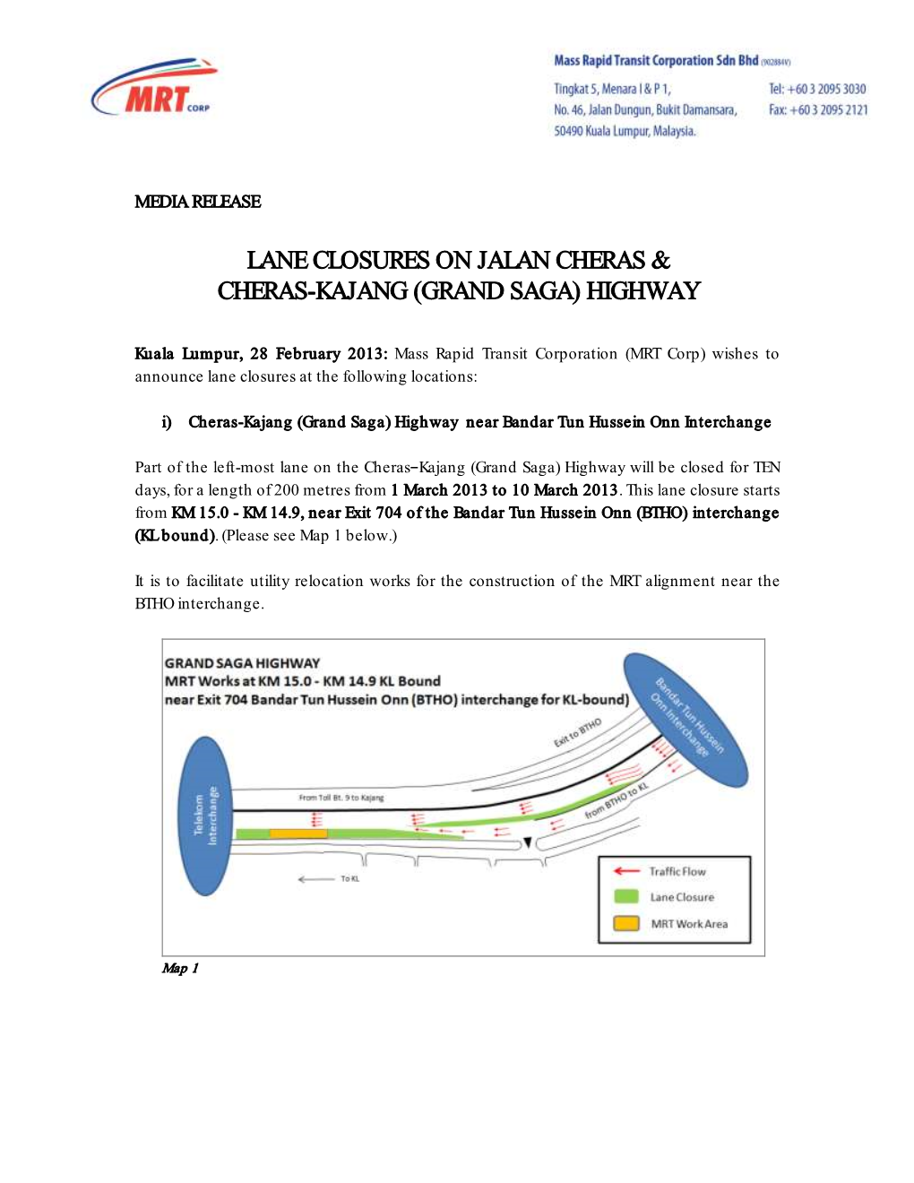 Lane Closures on Jalan Cheras & Cheras-Kajang (Grand Saga) Highway