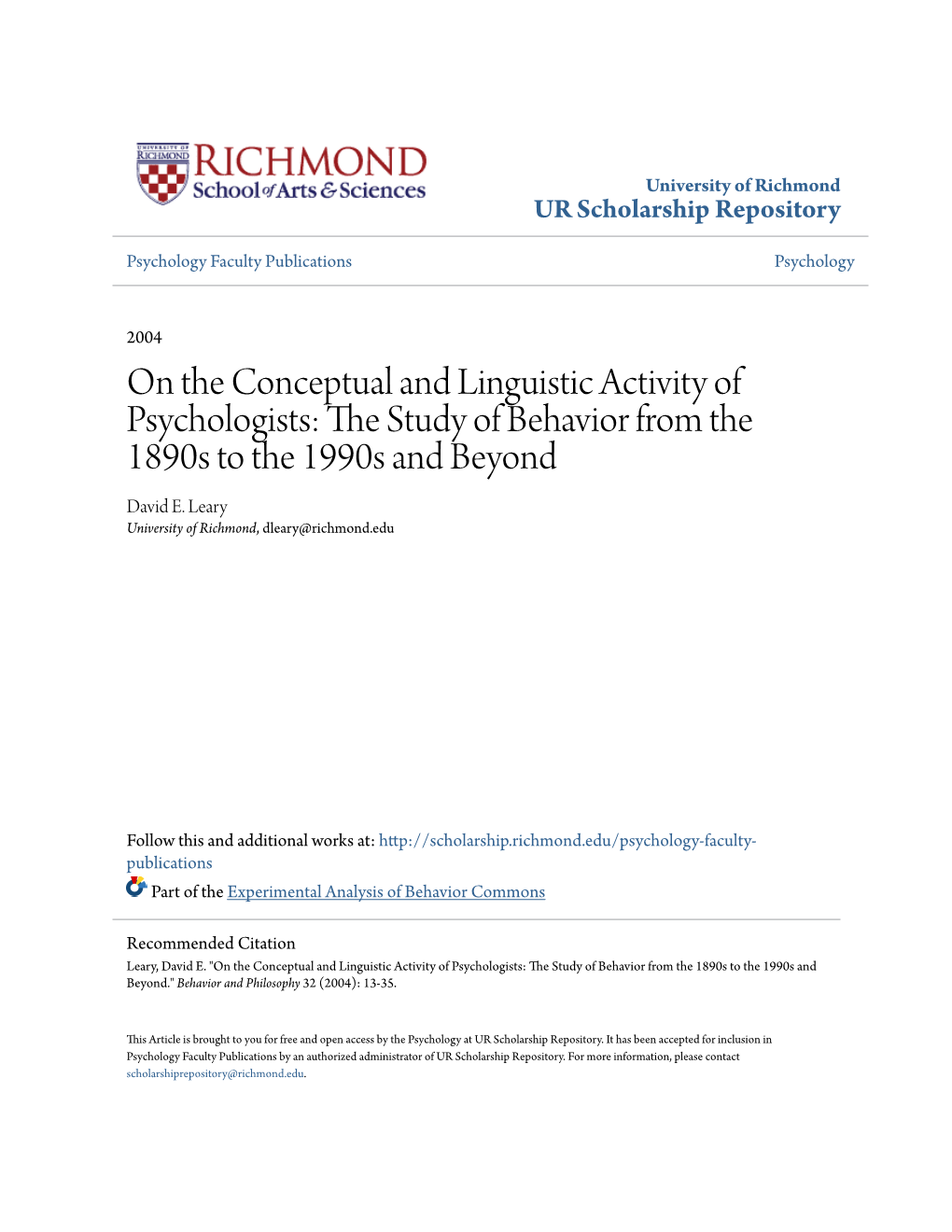 On the Conceptual and Linguistic Activity of Psychologists: the Tuds Y of Behavior from the 1890S to the 1990S and Beyond David E