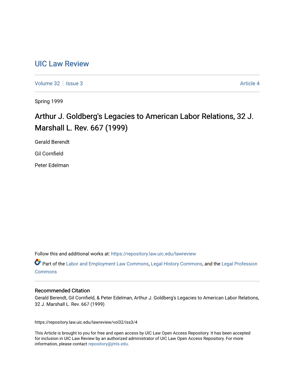 Arthur J. Goldberg's Legacies to American Labor Relations, 32 J
