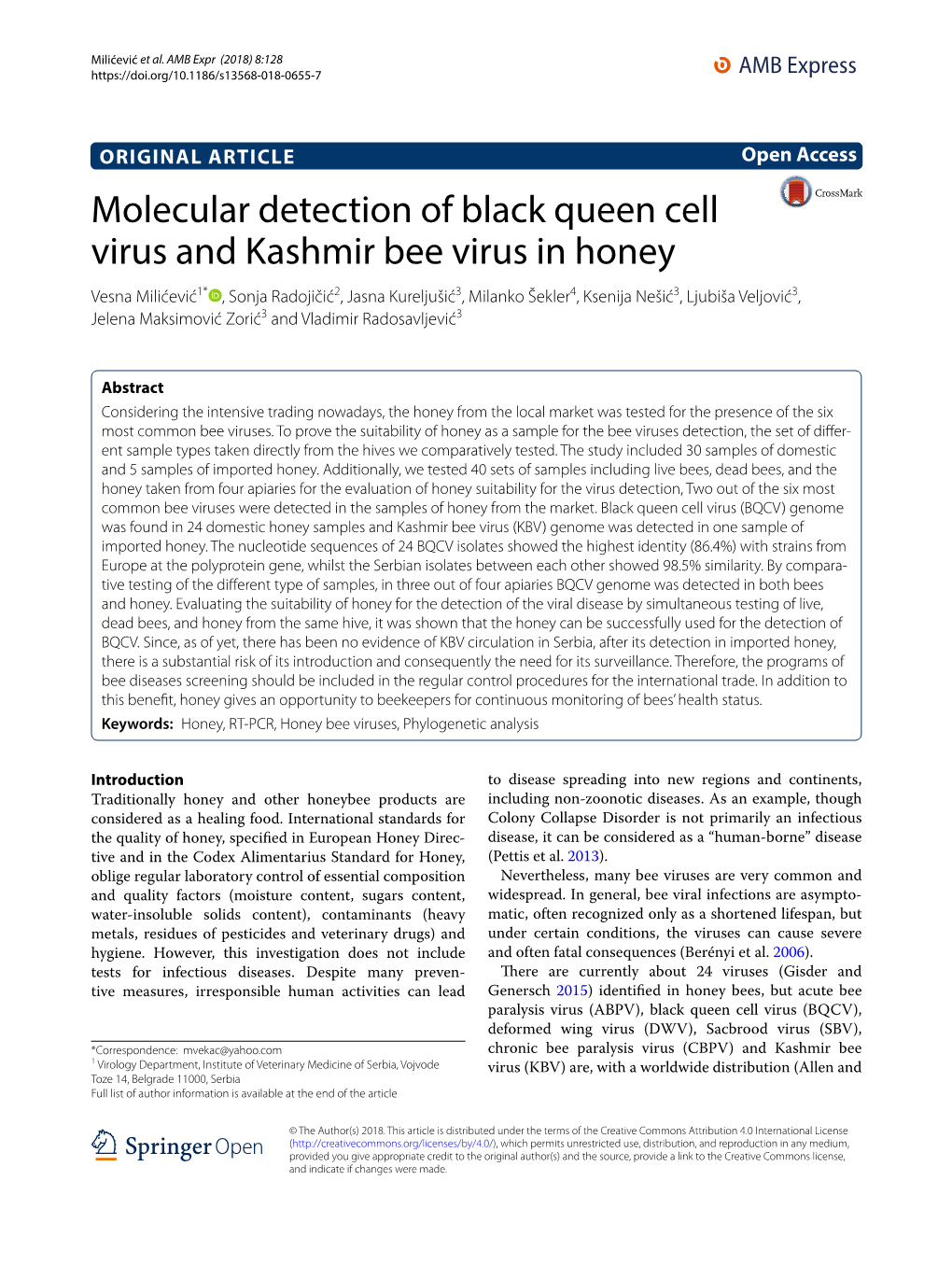 Molecular Detection of Black Queen Cell Virus and Kashmir Bee Virus In