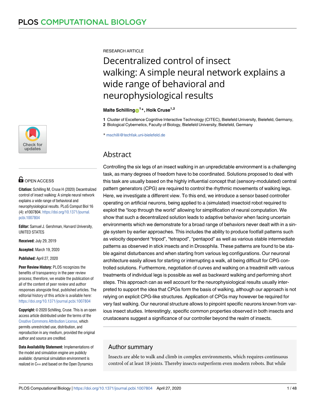 Decentralized Control of Insect Walking: a Simple Neural Network Explains a Wide Range of Behavioral and Neurophysiological Results