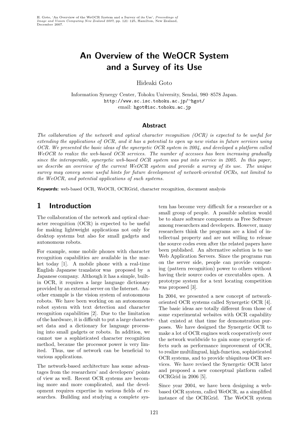 An Overview of the Weocr System and a Survey of Its Use’, Proceedings of Image and Vision Computing New Zealand 2007, Pp