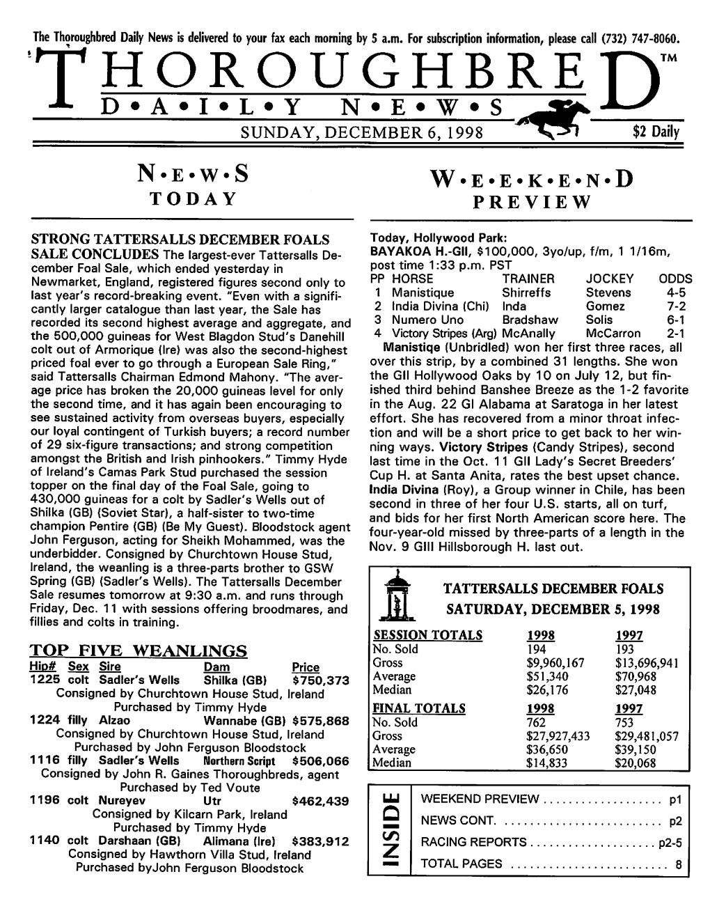 THOROUGHBRET^TM -L D*A*I*L*Y N*E*W*S SUNDAY, DECEMBER 6, 1998 $2 Daily