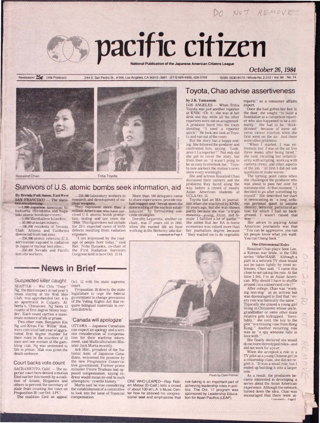 Aci Ic Citize11 National Publication of the Japanese American Citizens League , October 26, 1984 Newsstand 25¢ (~ Postpaid) 244 S