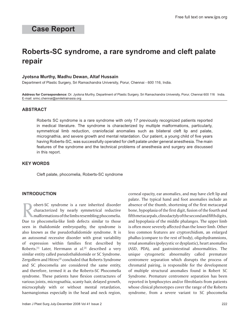 Case Report Roberts-SC Syndrome, a Rare Syndrome and Cleft Palate Repair