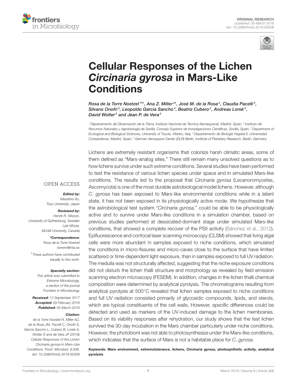 Cellular Responses of the Lichen Circinaria Gyrosa in Mars-Like Conditions