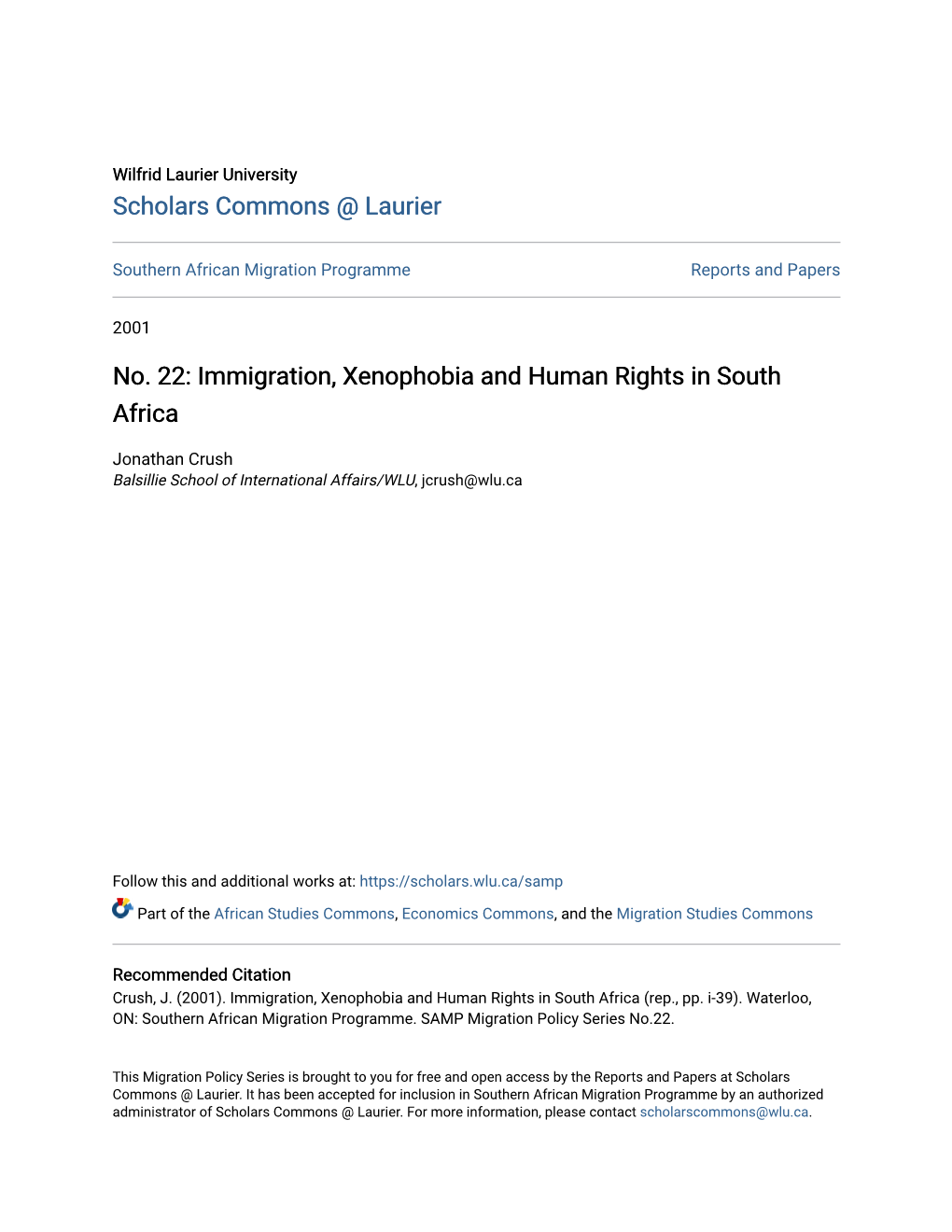 No. 22: Immigration, Xenophobia and Human Rights in South Africa