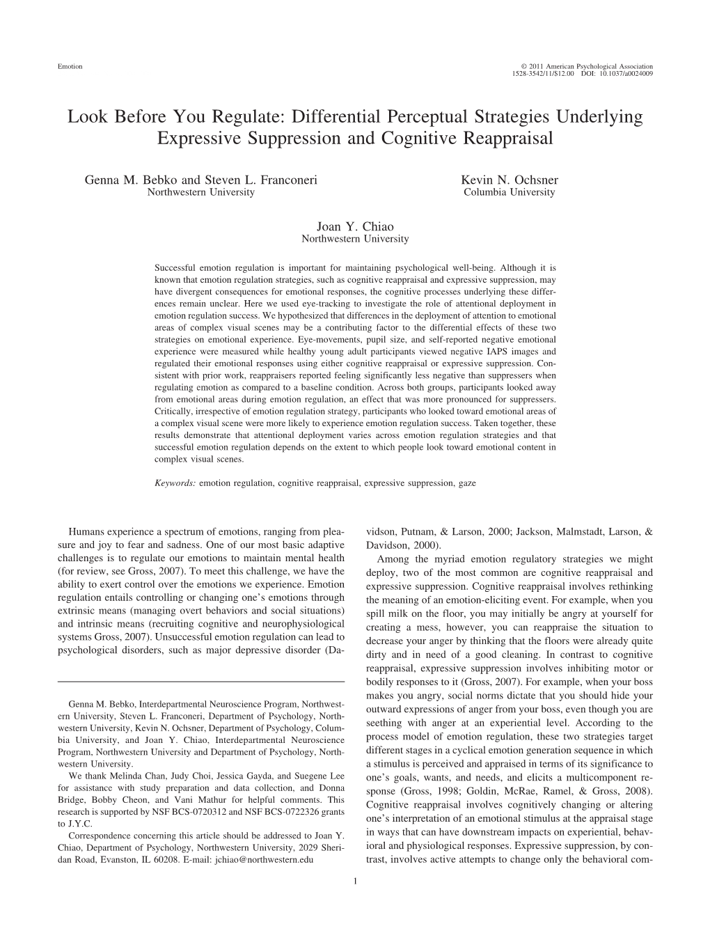 Differential Perceptual Strategies Underlying Expressive Suppression and Cognitive Reappraisal