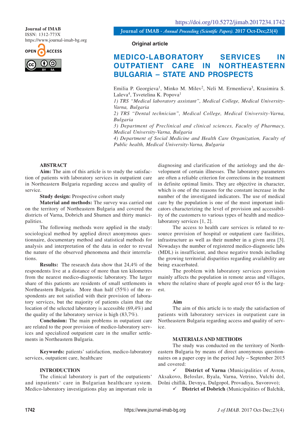 Medico-Laboratory Services in Outpatient Care in Northeastern Bulgaria – State and Prospects