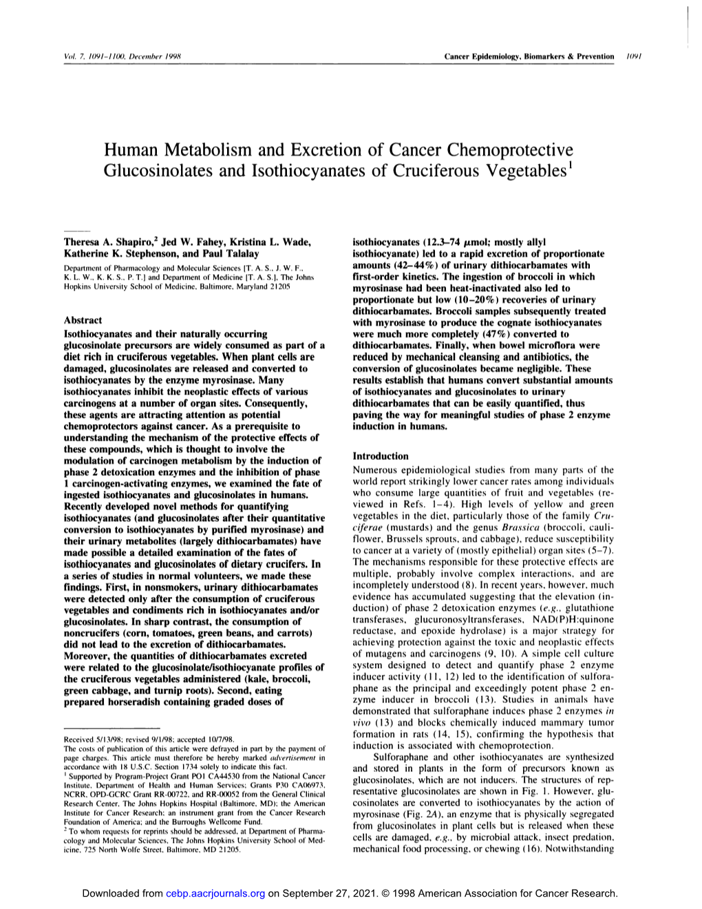 Human Metabolism and Excretion of Cancer Chemoprotective