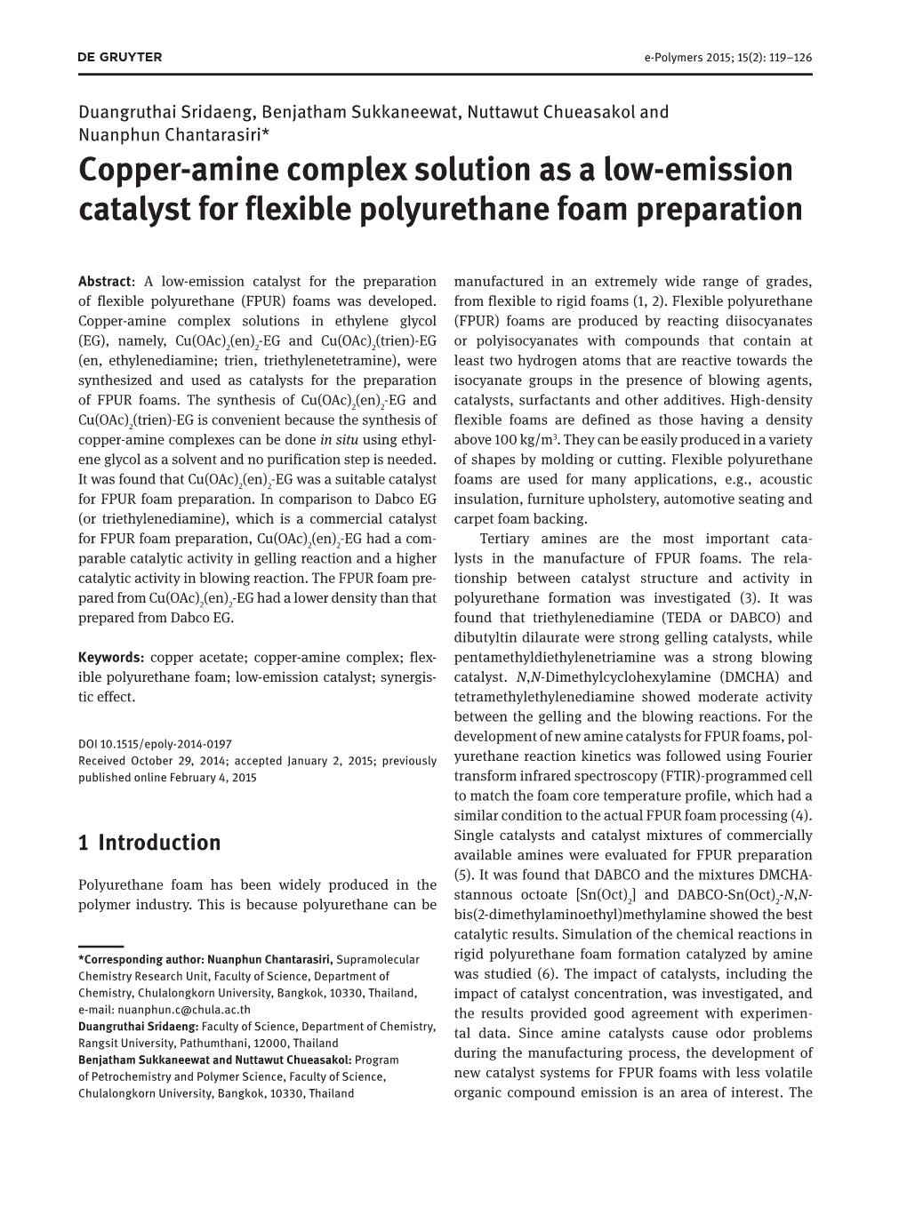 Copper-Amine Complex Solution As a Low-Emission Catalyst for Flexible Polyurethane Foam Preparation