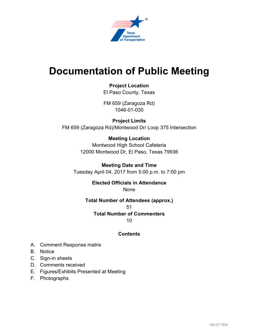 Meeting Summary El Paso, Texas (CSJ: 1046-01-030) Attachments