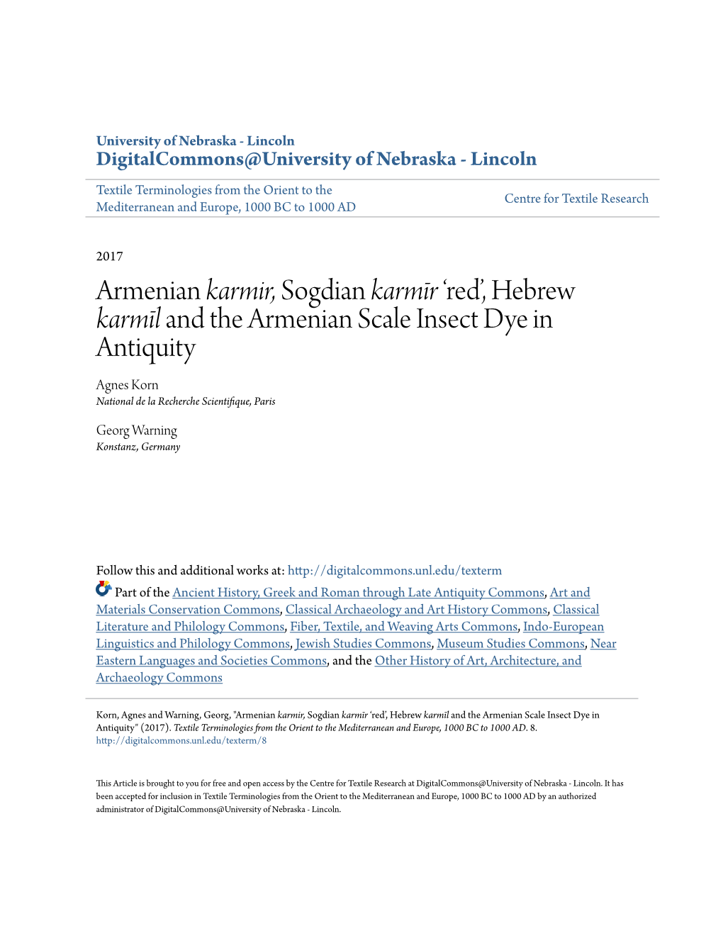 'Red', Hebrew Karmīl and the Armenian Scale Insect Dye in Antiquity