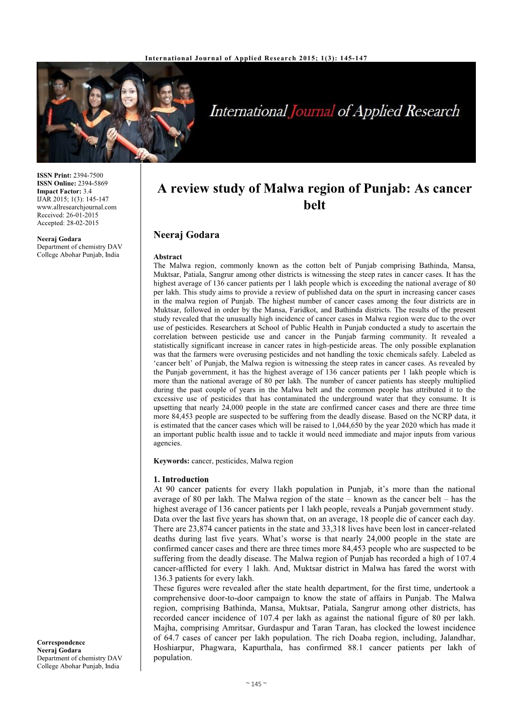 A Review Study of Malwa Region of Punjab: As Cancer Belt