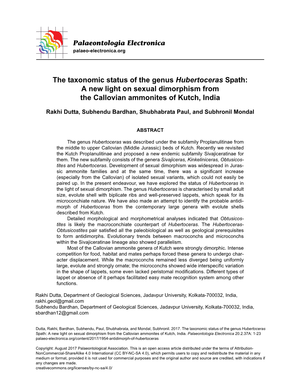 The Taxonomic Status of the Genus Hubertoceras Spath: a New Light on Sexual Dimorphism from the Callovian Ammonites of Kutch, India