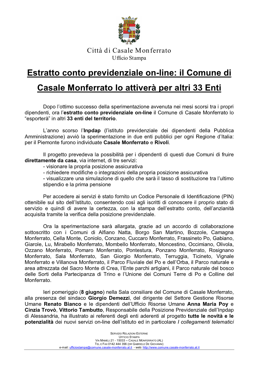 Estratto Conto Previdenziale On-Line: Il Comune Di Casale Monferrato Lo Attiverà Per Altri 33 Enti