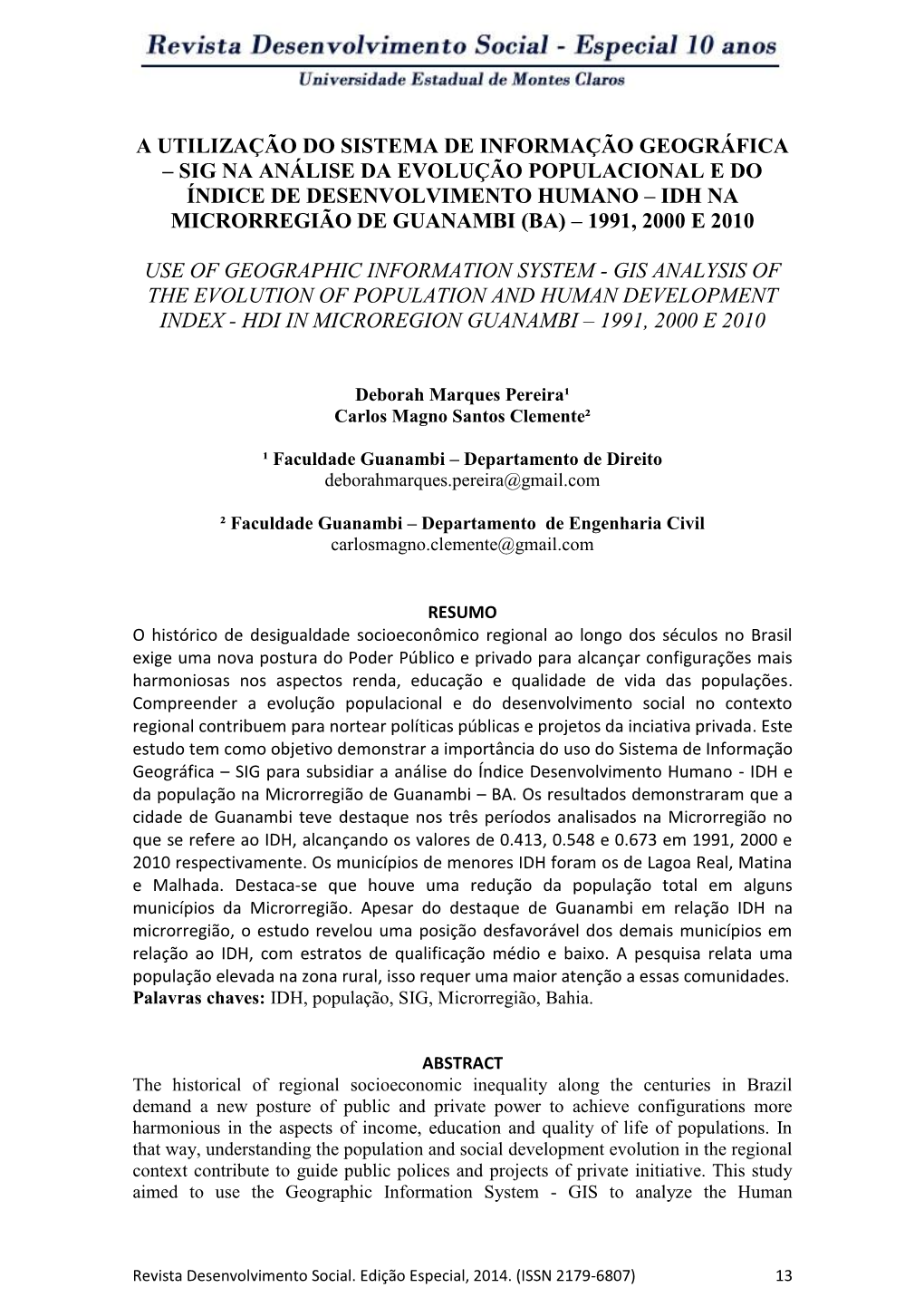 Sig Na Análise Da Evolução Populacional E Do Índice De Desenvolvimento Humano – Idh Na Microrregião De Guanambi (Ba) – 1991, 2000 E 2010