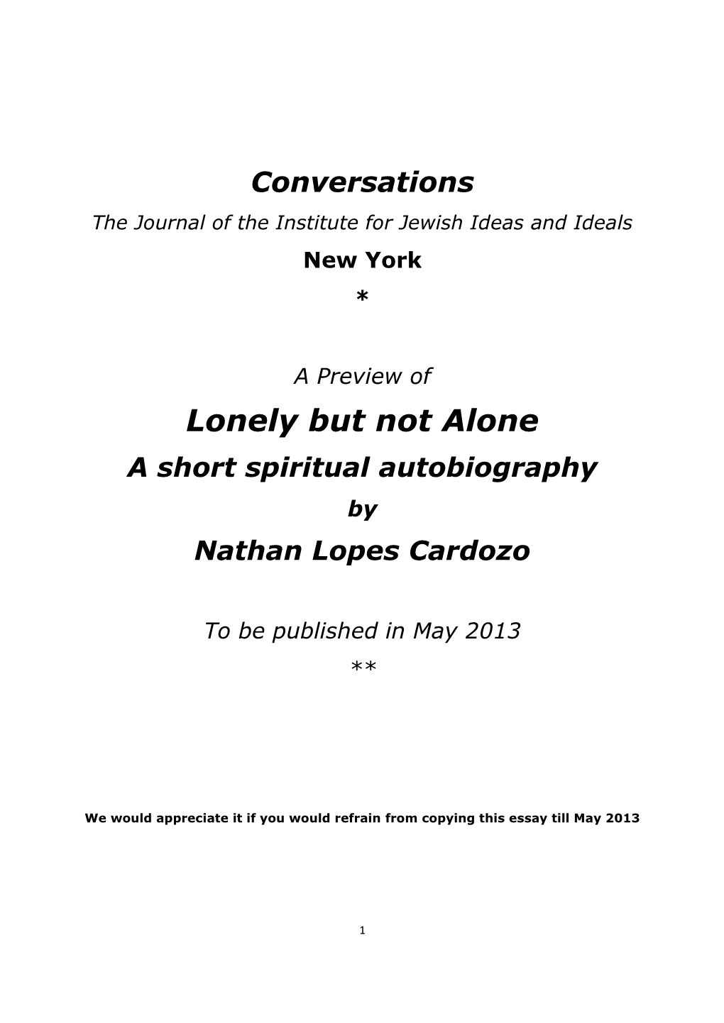 Lonely but Not Alone a Short Spiritual Autobiography by Nathan Lopes Cardozo