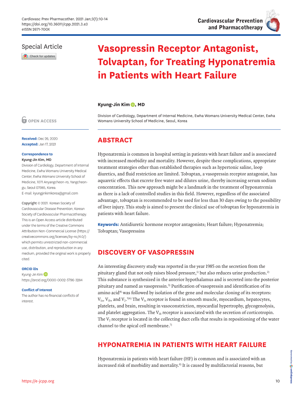 Vasopressin Receptor Antagonist, Tolvaptan, for Treating Hyponatremia in Patients with Heart Failure