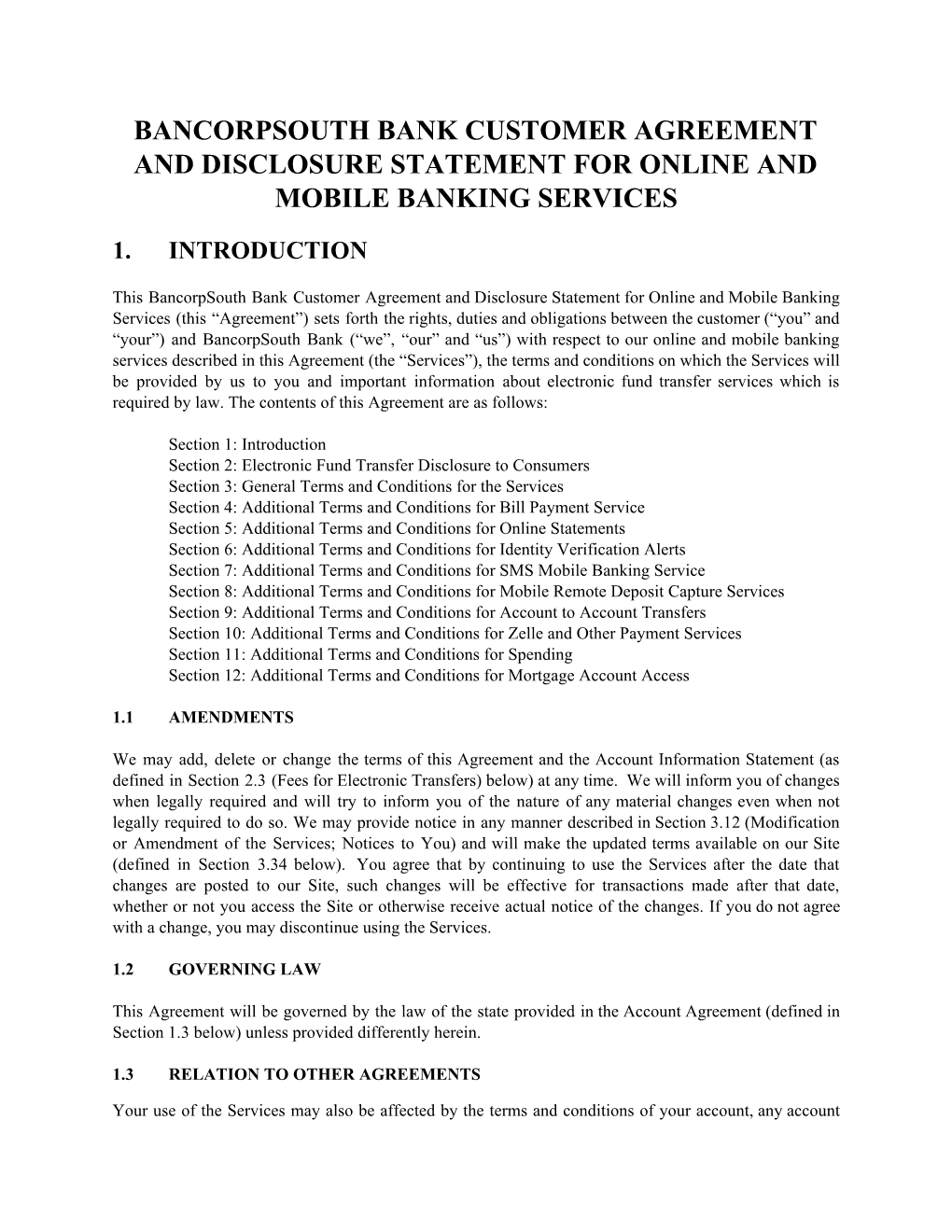 Bancorpsouth Bank Customer Agreement and Disclosure Statement for Online and Mobile Banking Services