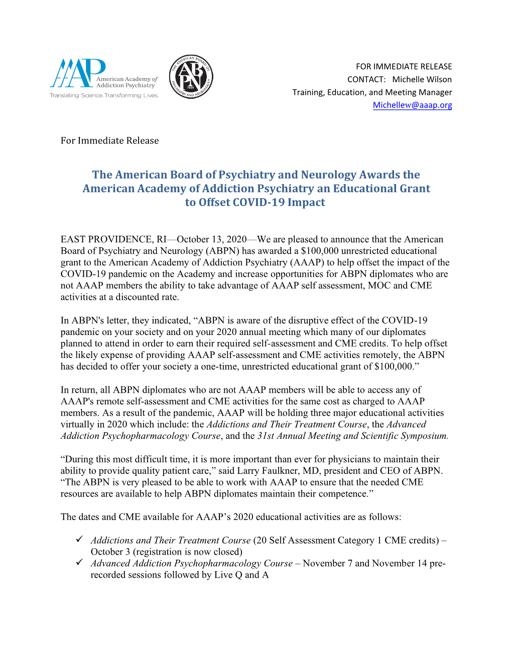 The American Board of Psychiatry and Neurology Awards the American Academy of Addiction Psychiatry an Educational Grant to Offset COVID-19 Impact