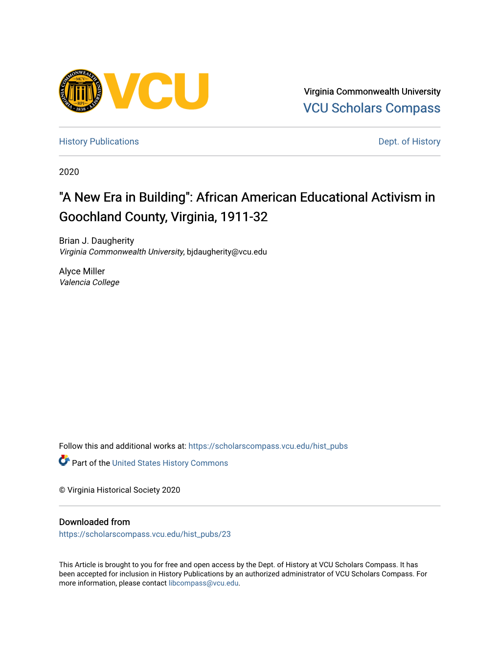 "A New Era in Building": African American Educational Activism in Goochland County, Virginia, 1911-32