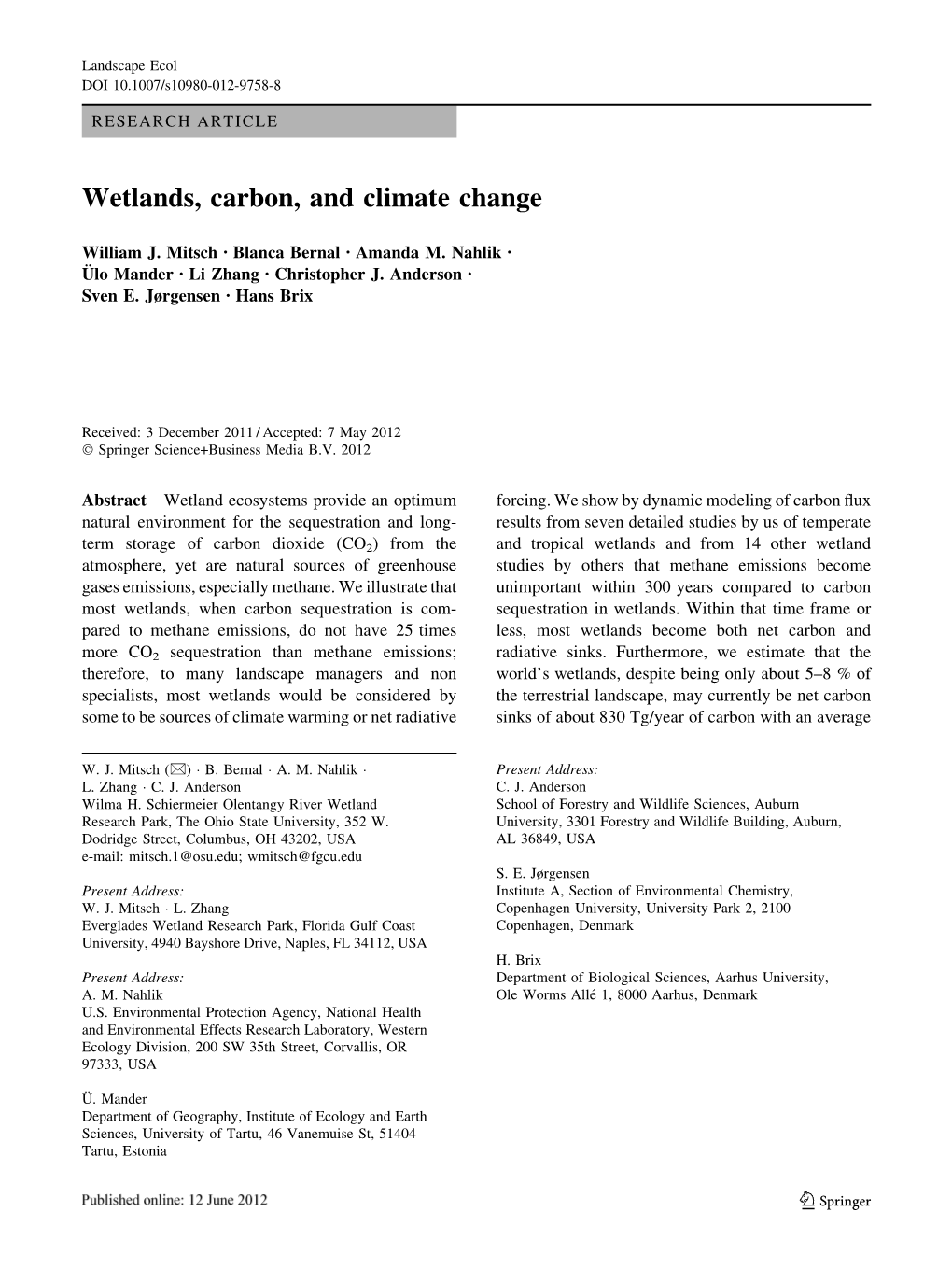 Wetlands, Carbon, and Climate Change