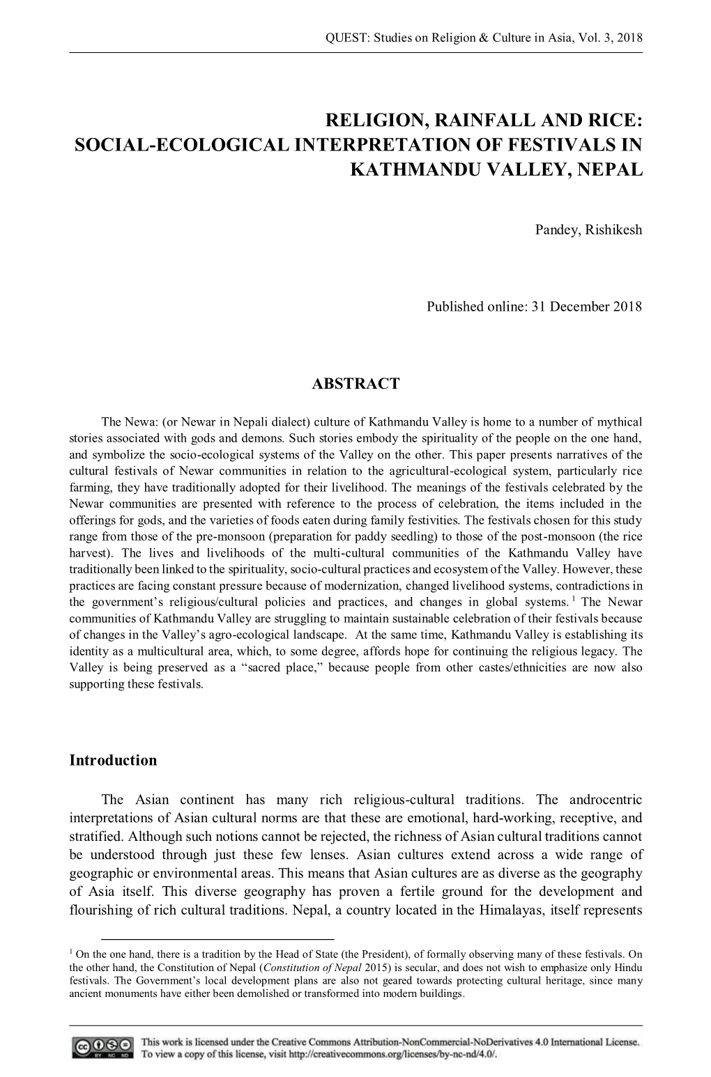 Religion, Rainfall and Rice: Social-Ecological Interpretation of Festivals in Kathmandu Valley, Nepal