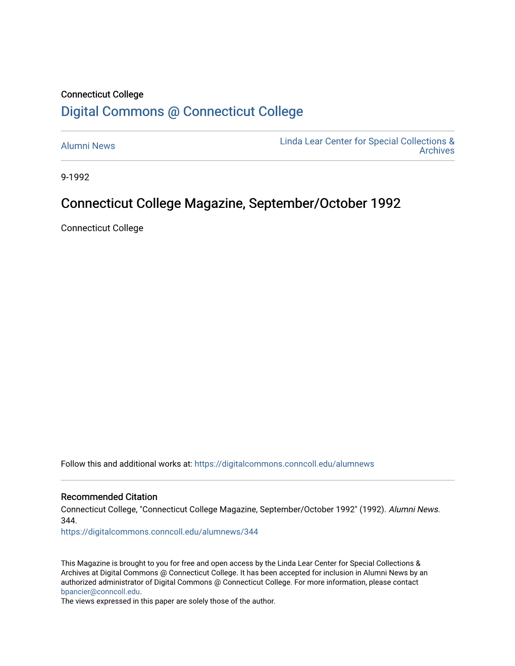 Connecticut College Magazine, September/October 1992