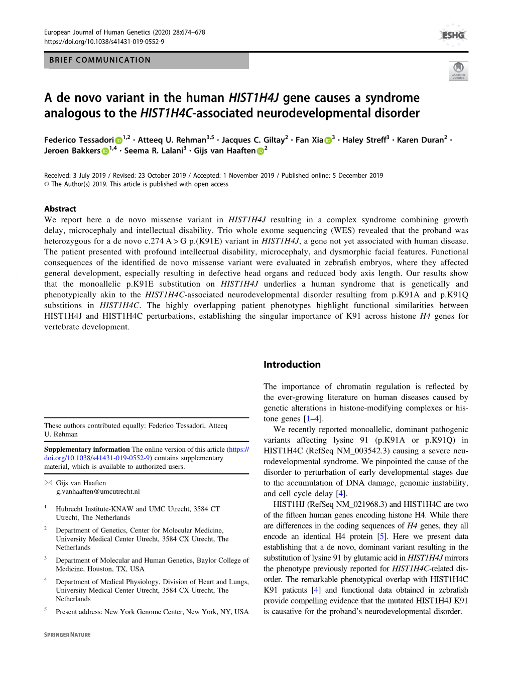 A De Novo Variant in the Human HIST1H4J Gene Causes a Syndrome Analogous to the HIST1H4C-Associated Neurodevelopmental Disorder