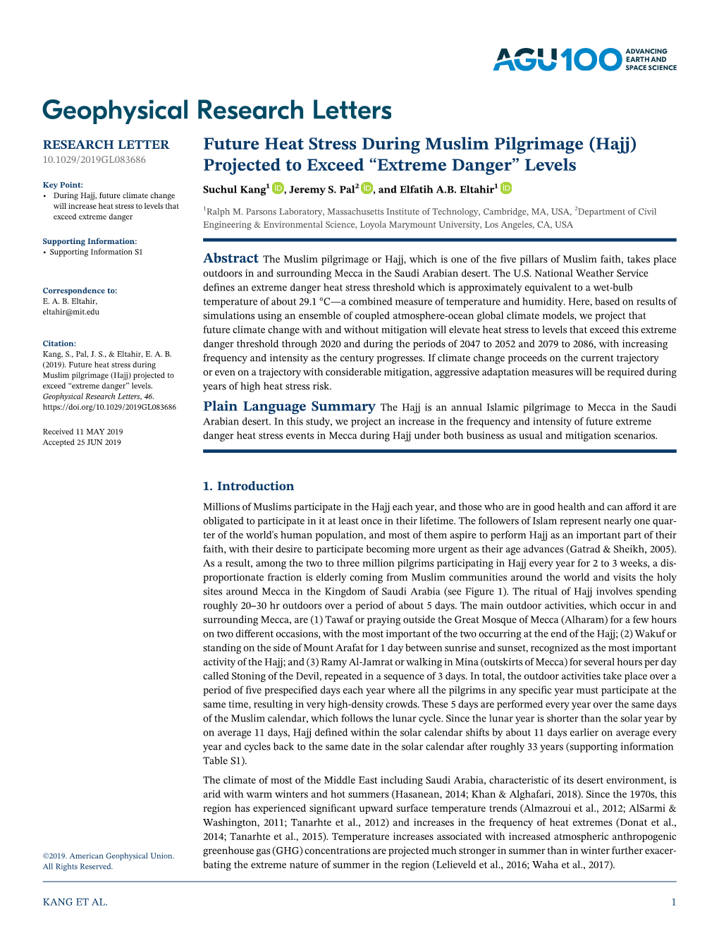 Future Heat Stress During Muslim Pilgrimage (Hajj) 10.1029/2019GL083686 Projected to Exceed “Extreme Danger” Levels Key Point: Suchul Kang1 , Jeremy S