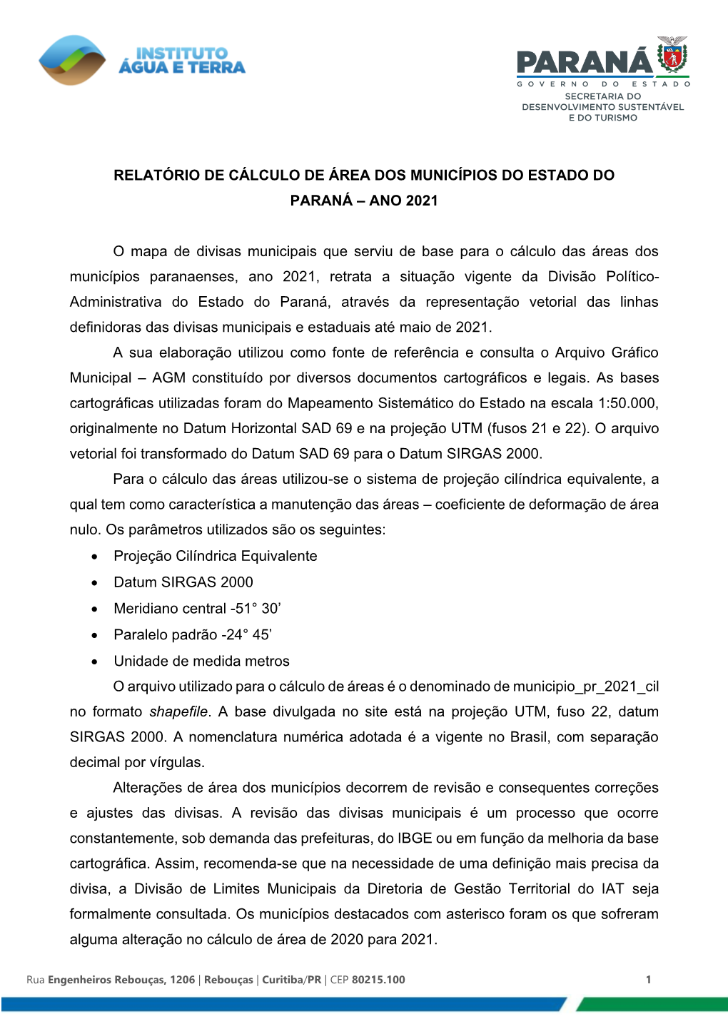 Relatório De Cálculo De Área Dos Municípios Do Estado Do Paraná – Ano 2021