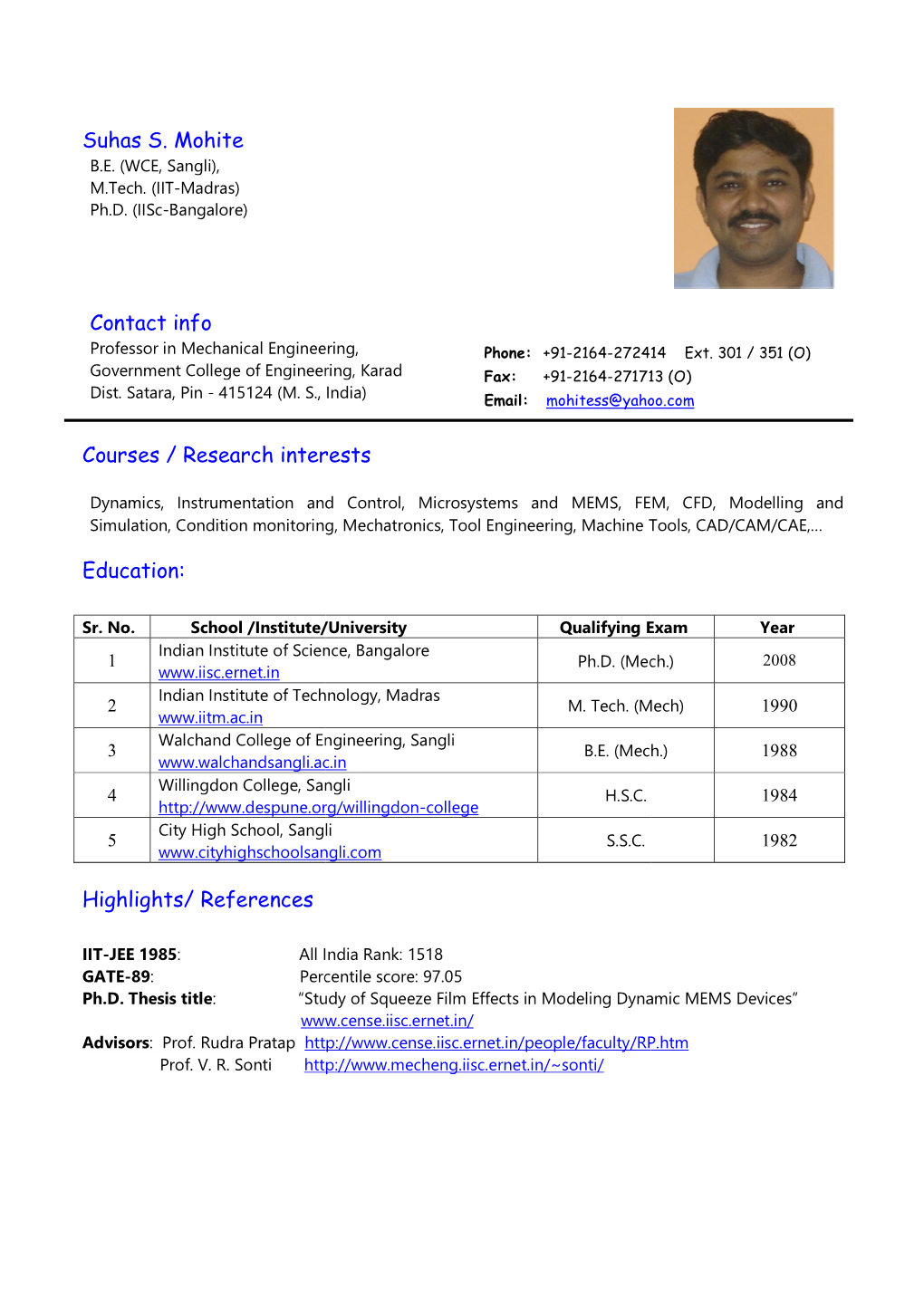 Suhas S. Mohite Contact Info Courses / Research Interests Education