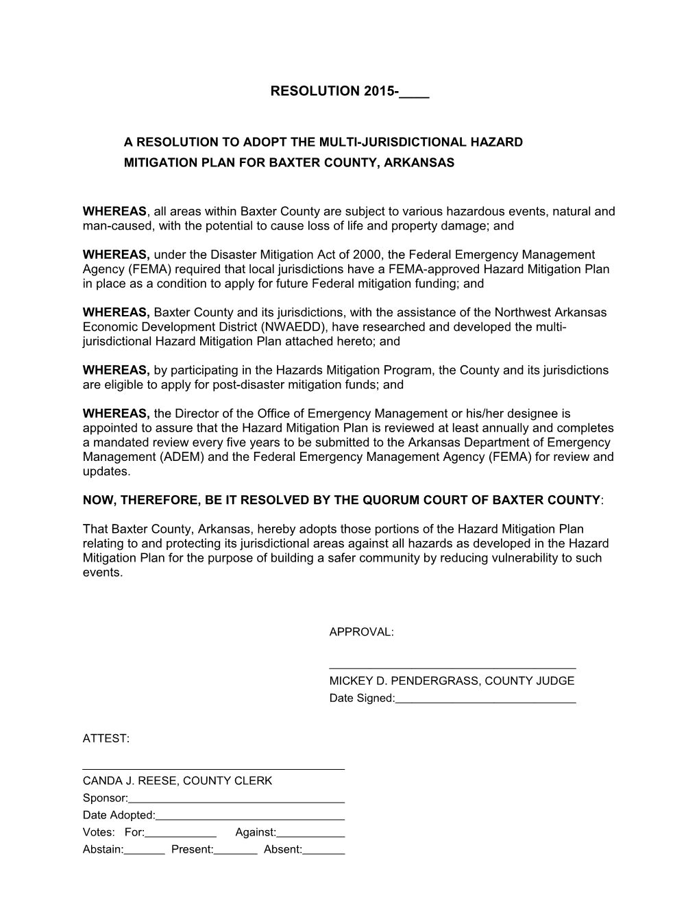 A Resolution to Adopt the Multi-Jurisdictional Hazard Mitigation Plan for Baxter County