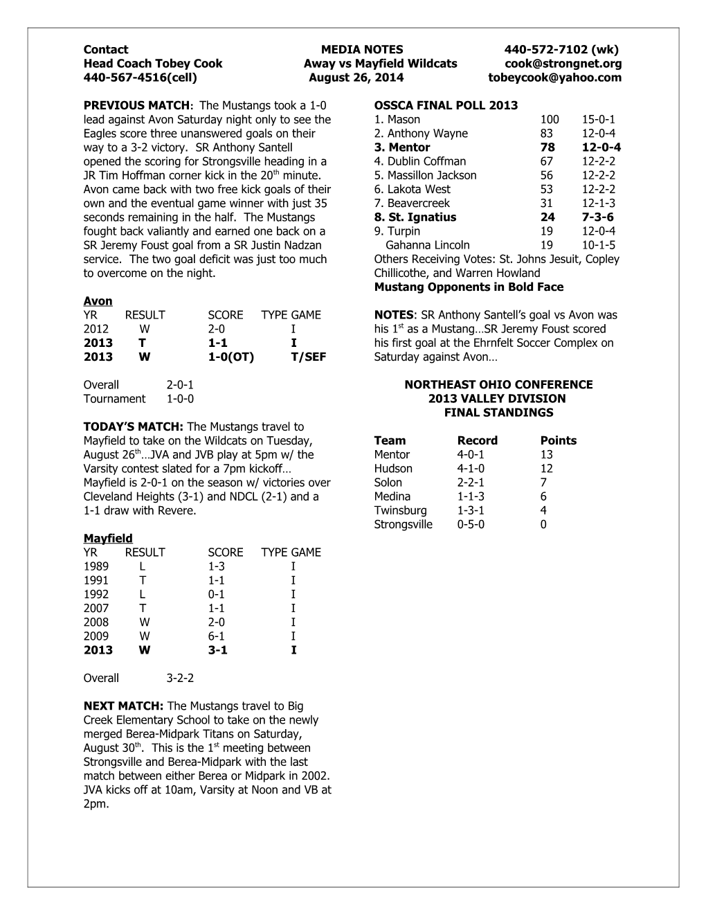 Head Coach Tobey Cook Away Vs Mayfield Wildcats