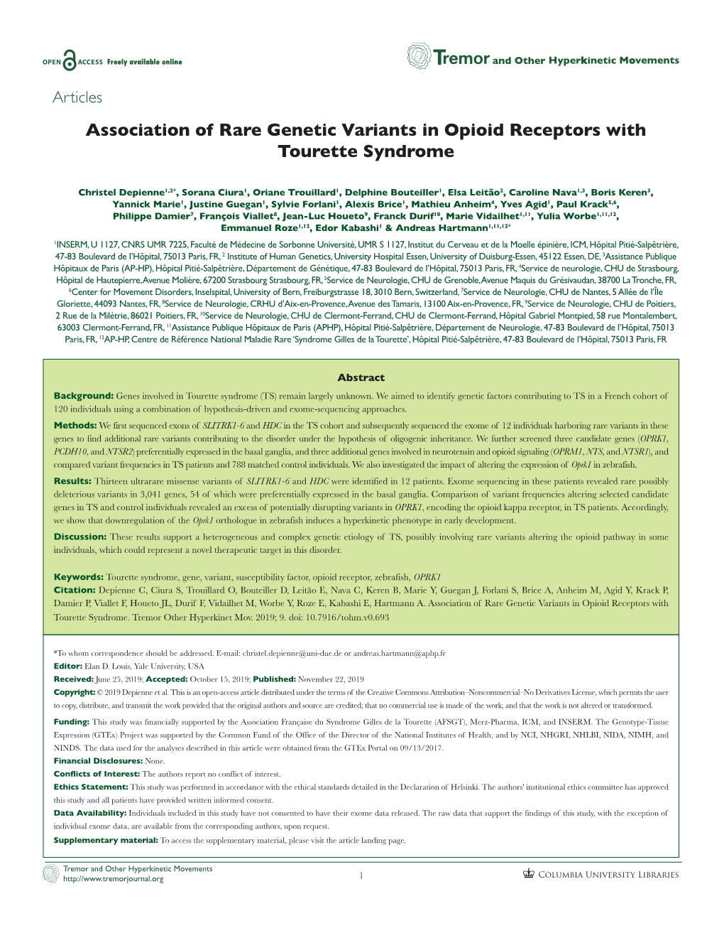 Association of Rare Genetic Variants in Opioid Receptors with Tourette Syndrome