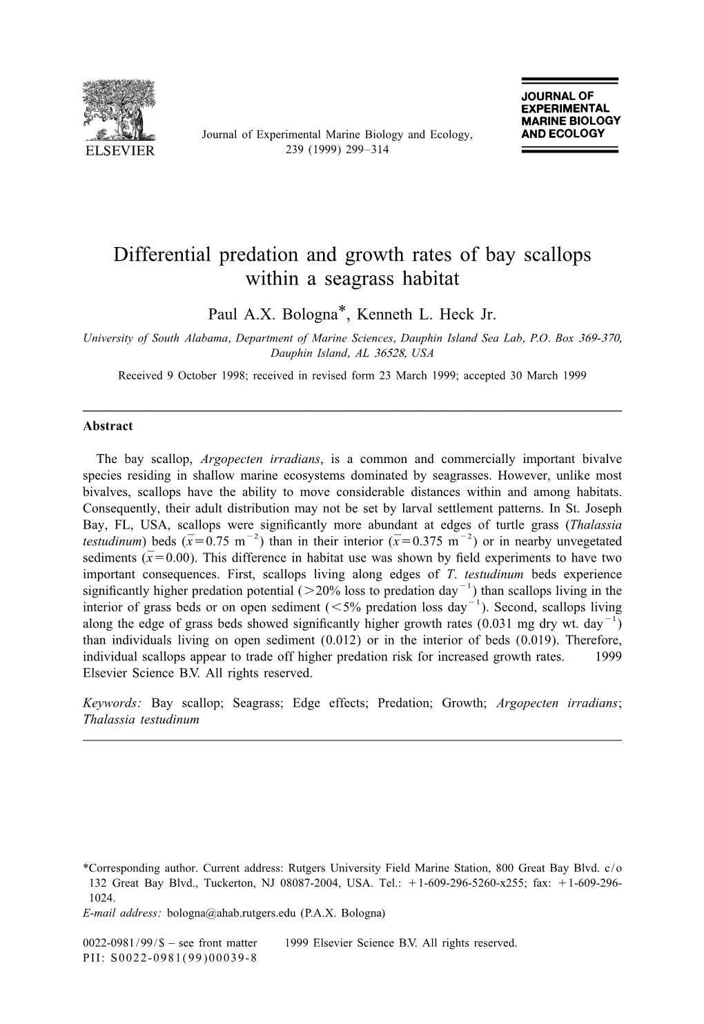 Differential Predation and Growth Rates of Bay Scallops Within a Seagrass Habitat