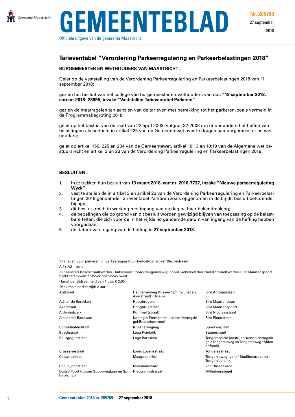 Tarieventabel “Verordening Parkeerregulering En Parkeerbelastingen 2018”