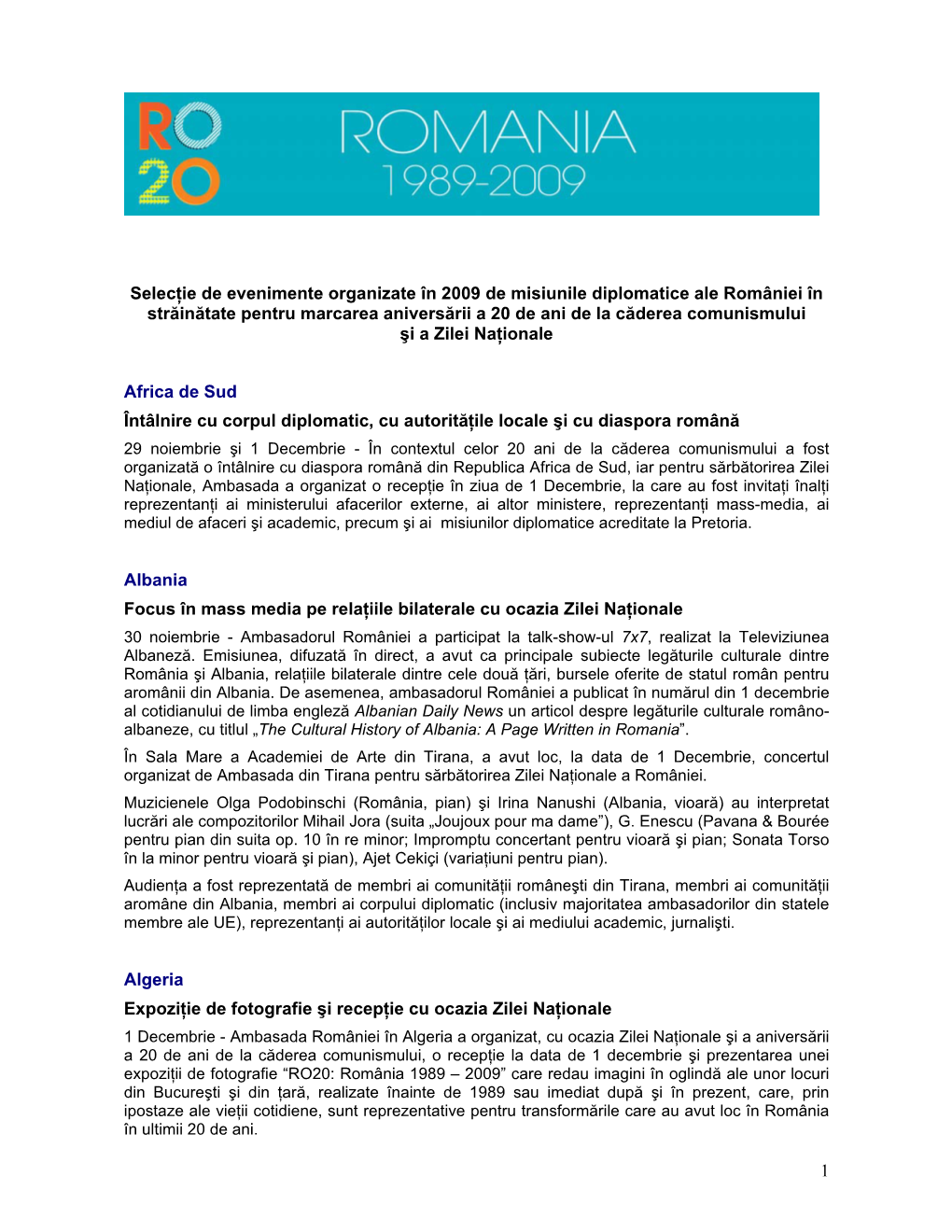 1 Selecţie De Evenimente Organizate În 2009 De Misiunile Diplomatice