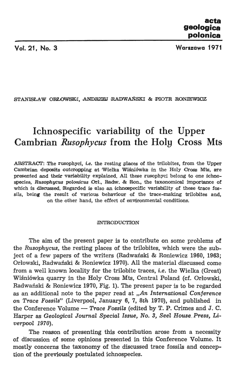 Ichnospecific Variability of the Upper Cambrian Rusophycus from the Holy Cross Mts