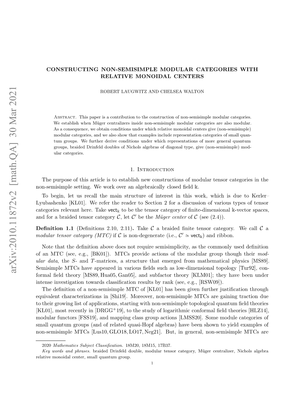 Arxiv:2010.11872V2 [Math.QA] 30 Mar 2021