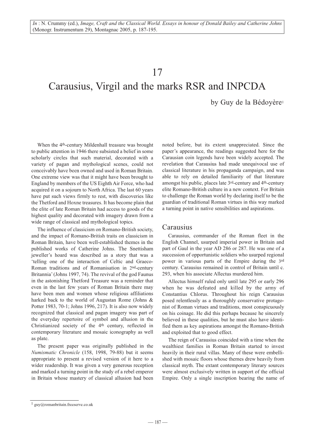 17 Carausius, Virgil and the Marks RSR and INPCDA