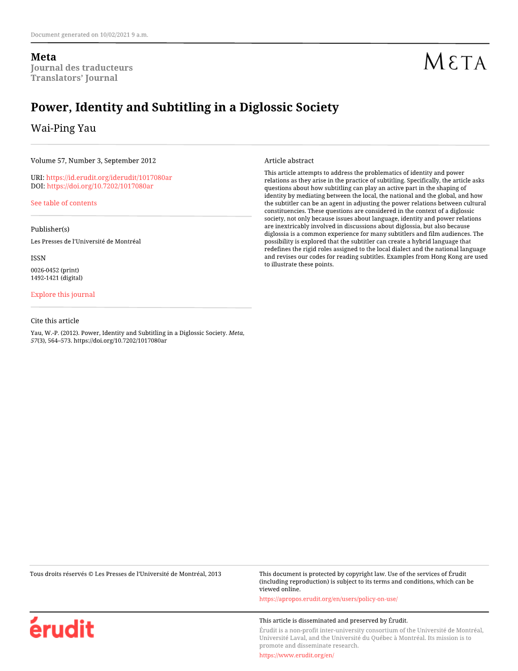 Power, Identity and Subtitling in a Diglossic Society Wai-Ping Yau