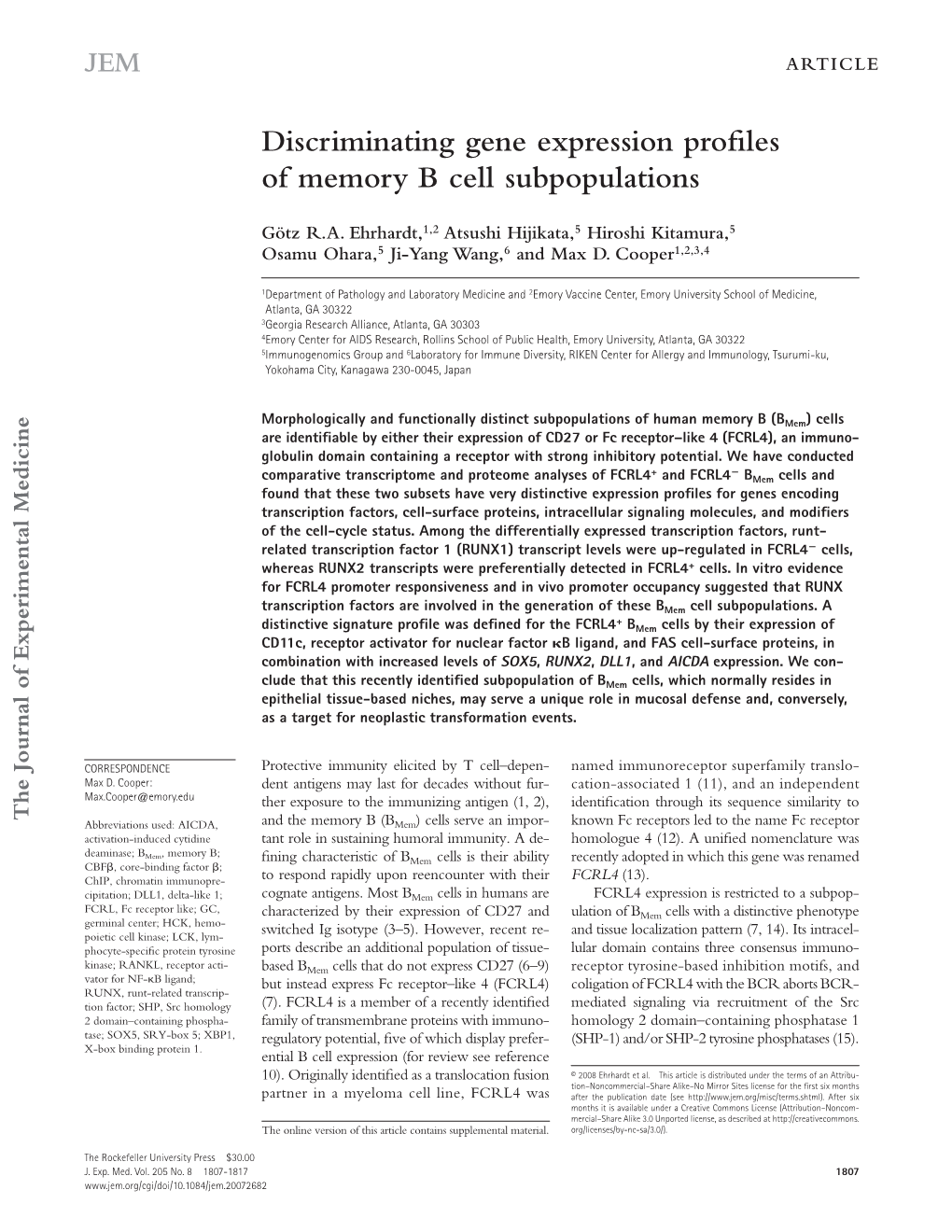 Discriminating Gene Expression Profiles of Memory B Cell